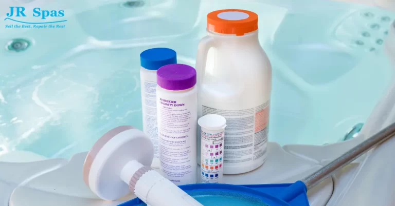Hot tub chemicals sitting on the ledge of a clean hot tub.