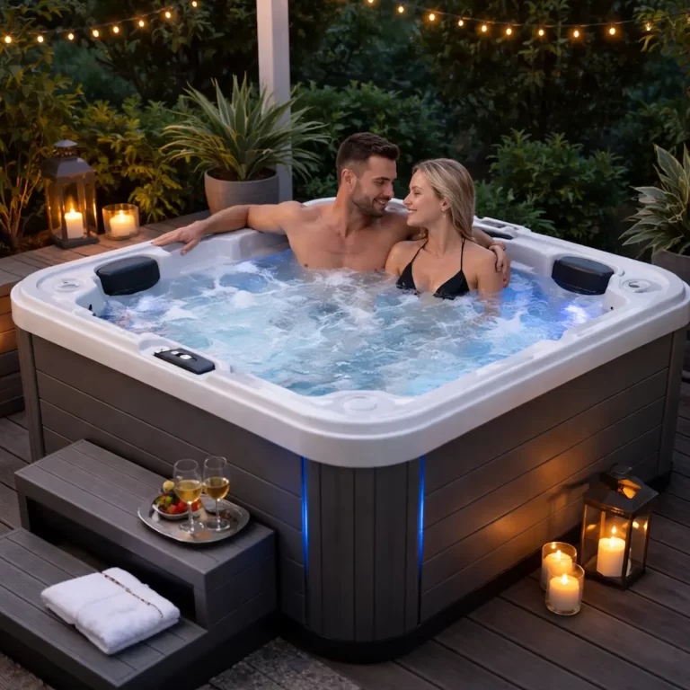 Couple enjoying a soak after learning the benefits of buying a used hot tub in Stephenville