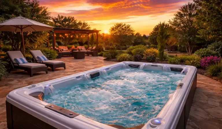 Generated image of a swim spa in a Texas backyard on a warm summer evening for the blog about swim spa prices in Weatherford.