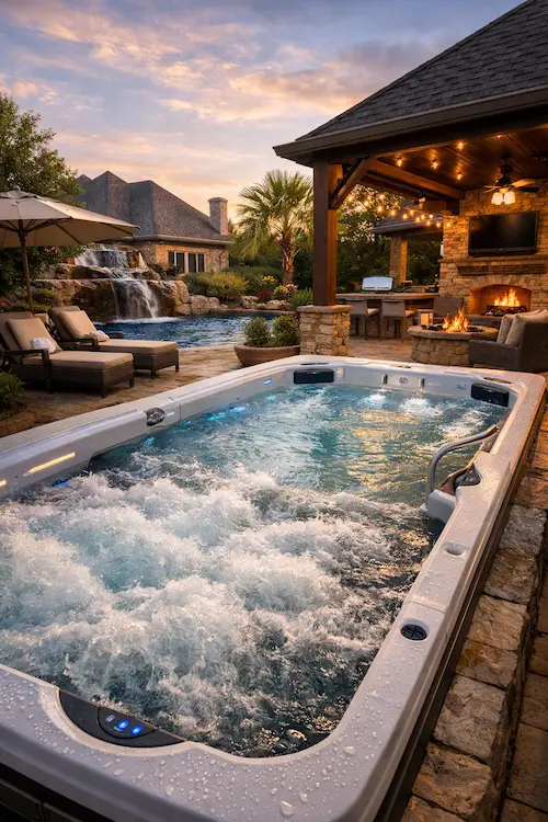 Generated image of a swim spa in a Texas yard for the spa hot tub financing page