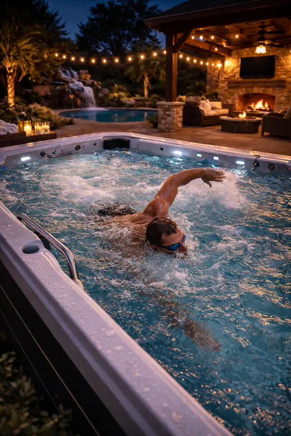 Man using his luxury swim spa in his backyard