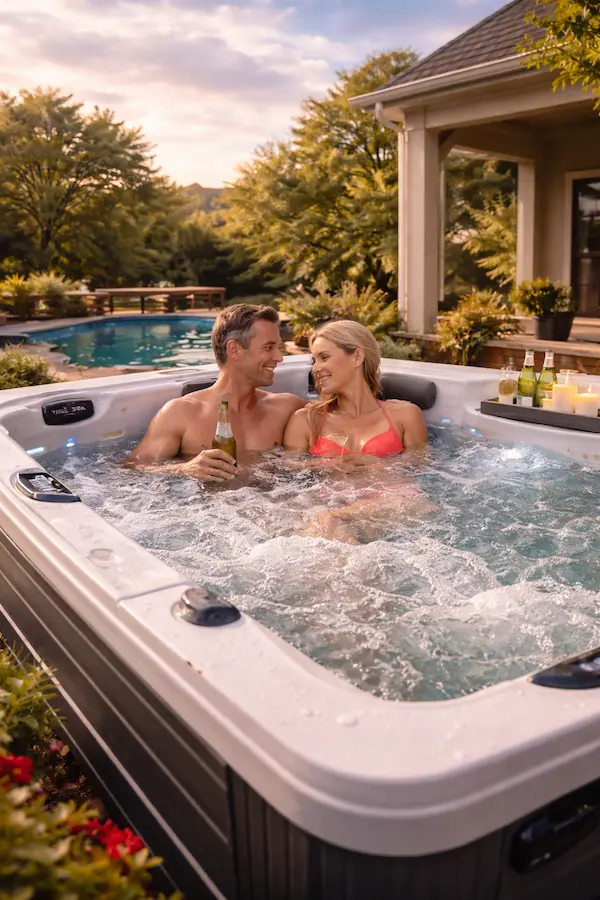 Couple enjoying a beverage in their new hot tub after financing a hot tub