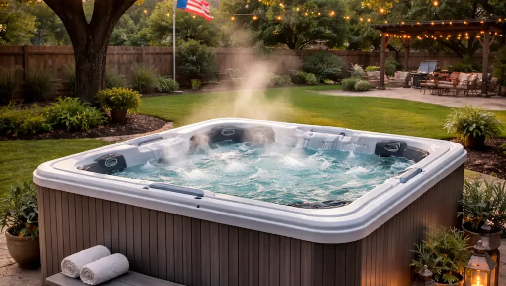 Picture of a new hot tub for sale in someone's backyard in Granbury after buying from JR Spas